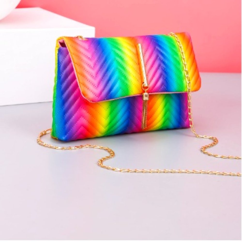 Fashion Tassel Chain Rainbow Stripe Square Bag